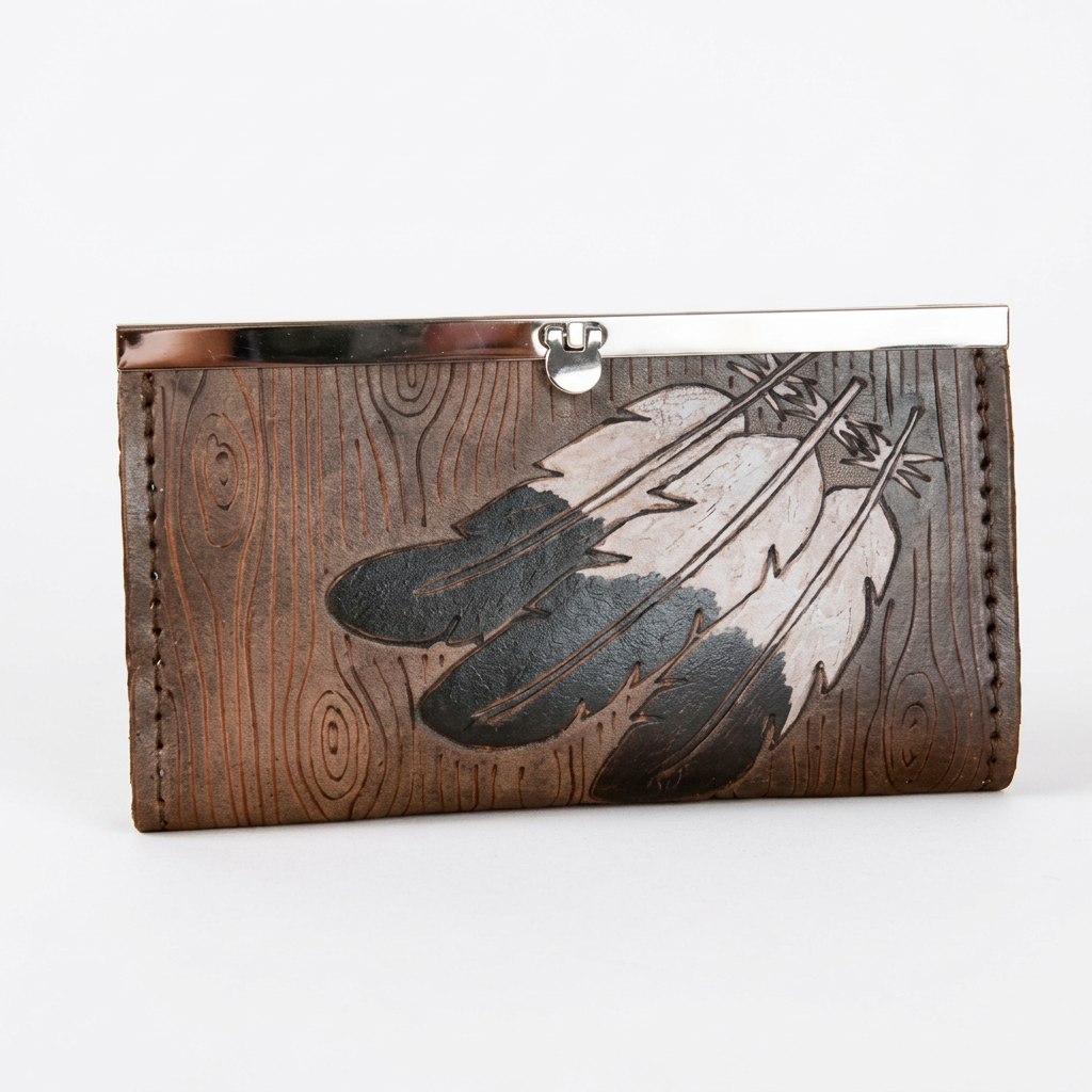 Leather wallet with feather and arrow design on a white background.