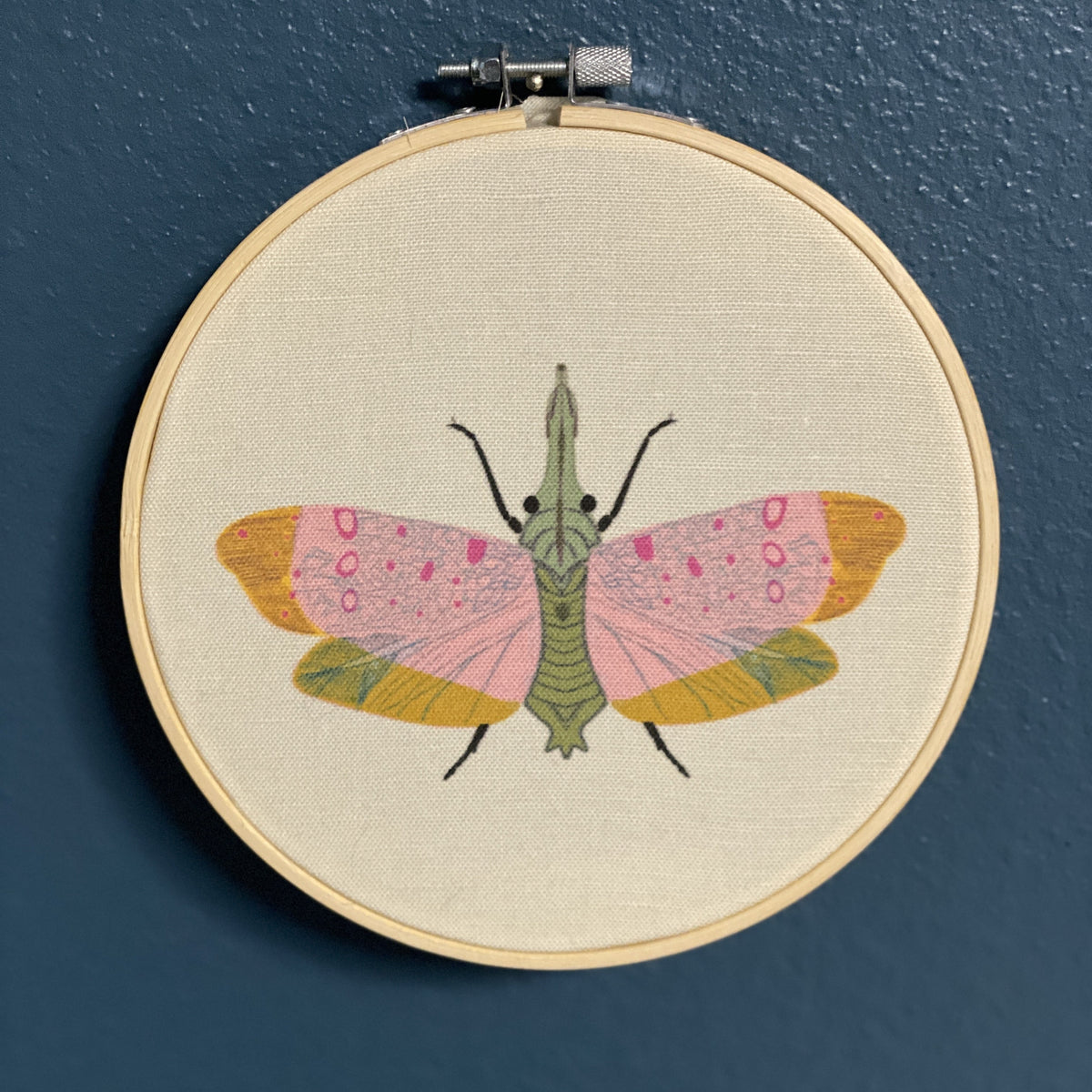 Embroidery hoop with a colorful moth design on a blue wall. 