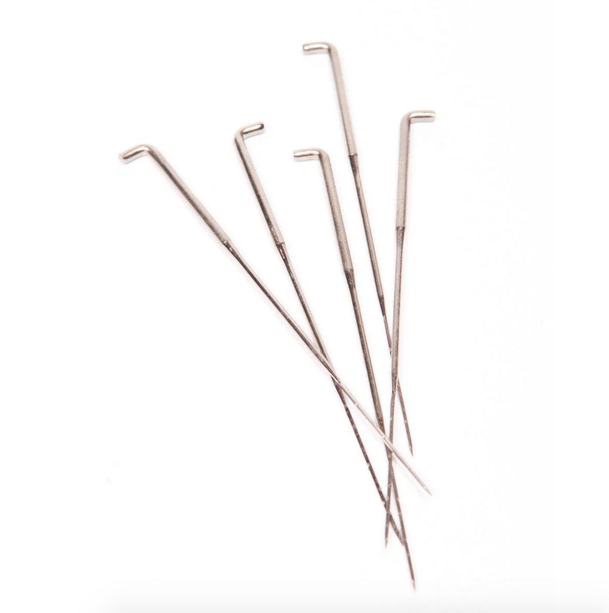 Set of five 40 gauge felting needles on a white background. 