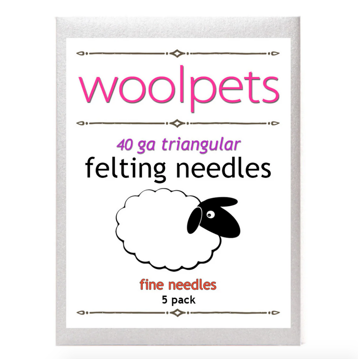 Woolpets felting needles packaging with a sheep illustration on a white background. 