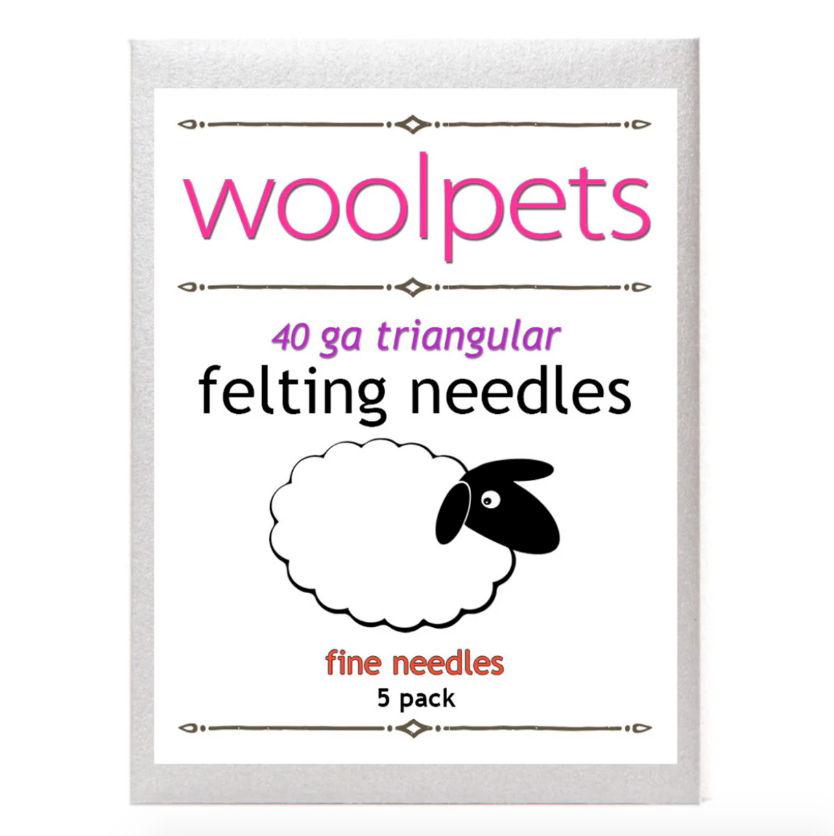 Woolpets felting needles packaging with a sheep illustration on a white background. 