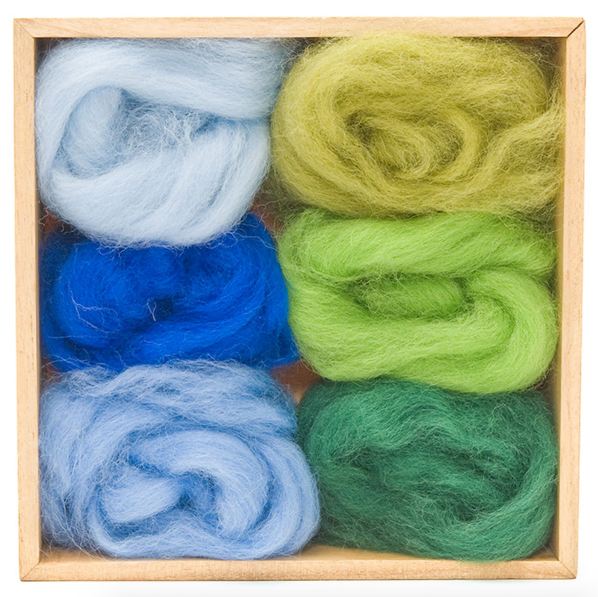 Set of colorful yarn balls in a wooden box. 