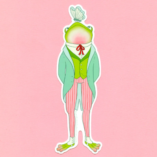 A sticker of a frog wearing a suit with a butterfly on his nose against a pink background. 