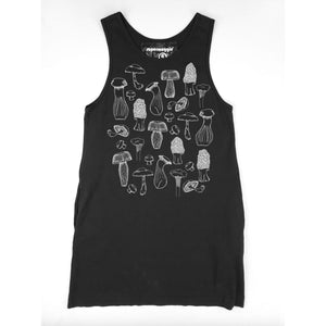 Black tank dress with white mushroom illustrations on a white background. 