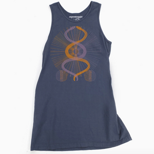 Asphalt tank dress with a colorful graphic design on a white background. 