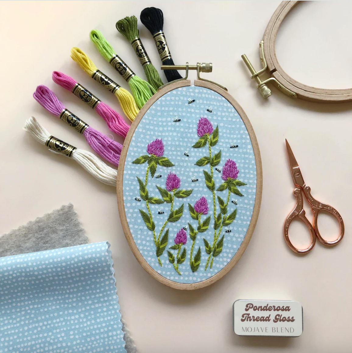 Embroidery hoop with clover design, threads, scissors, and a box labeled 'Ponderosa Thread Gloss' on a light background.