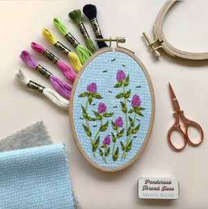 Embroidery hoop with clover design, threads, scissors, and a box labeled 'Ponderosa Thread Gloss' on a light background.