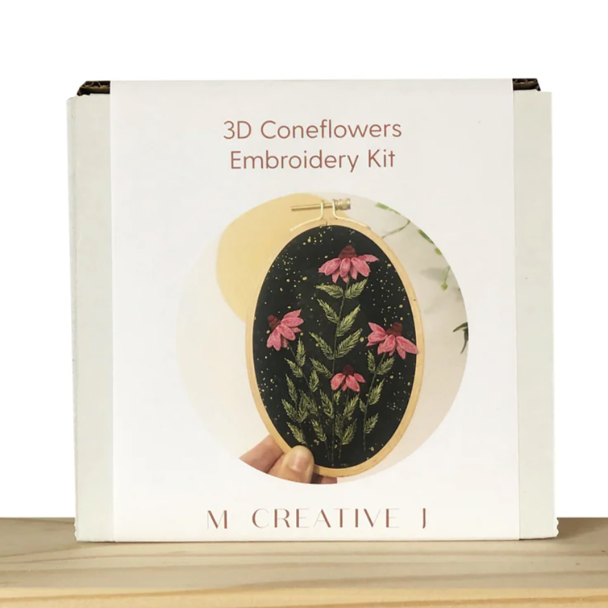 3D Coneflowers Embroidery Kit packaging with floral design on a white background. 