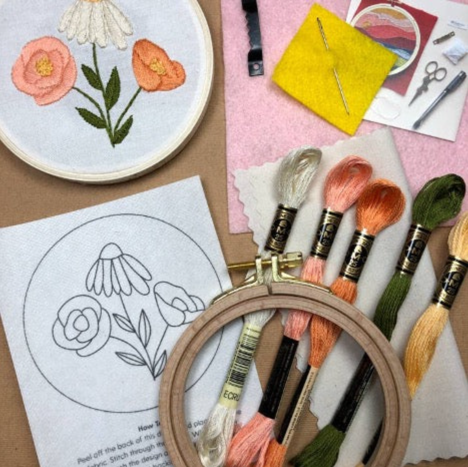 Embroidery hoop with floral patterns, embroidery threads, and an embroidery transfer on a table.