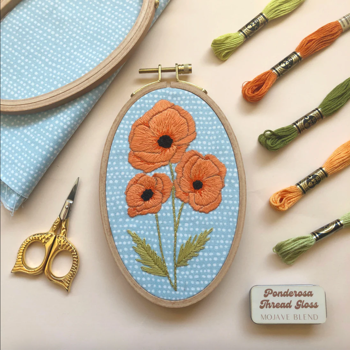 Embroidery hoop with orange flowers on a blue polka dot background, surrounded by embroidery threads and scissors.