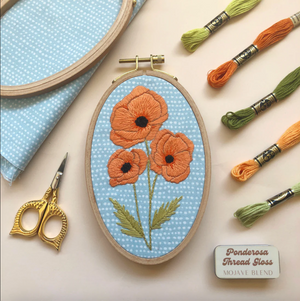 Embroidery hoop with orange flowers on a blue polka dot background, surrounded by embroidery threads and scissors.
