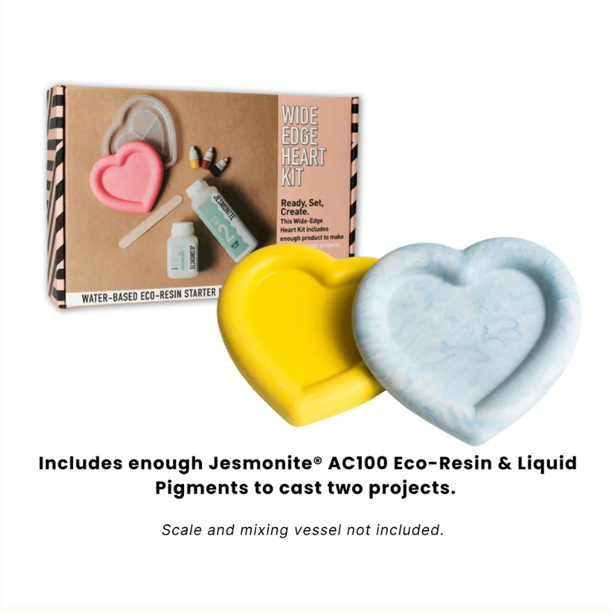 Wide edge heart eco-resin kit from FTC Creative with two heart tray examples in front of it. 
