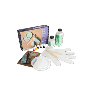 Materials for the eco-resin kit, including dyes, silicone mold, and gloves. 