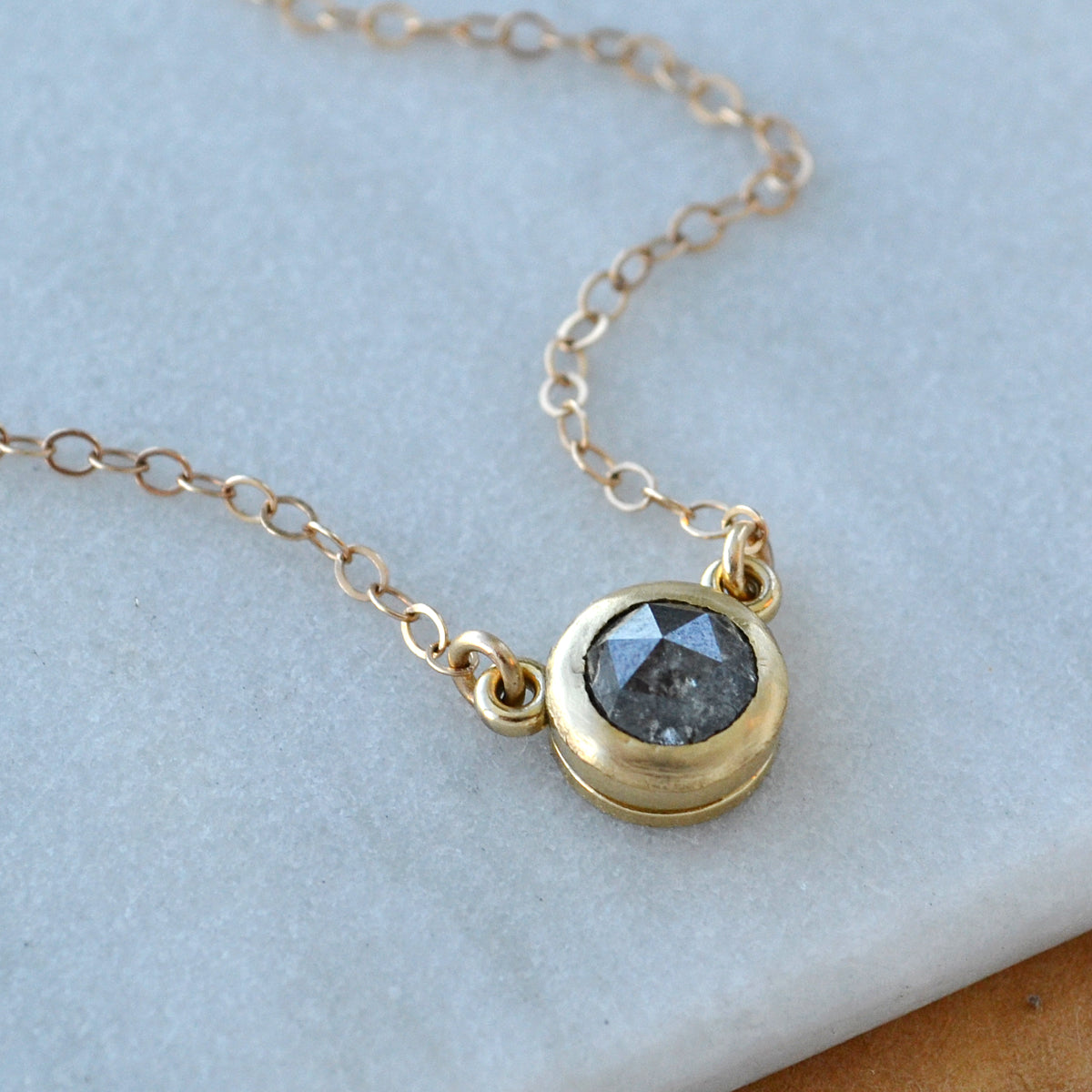 Floating Diamond Necklace 14K Gold salt and pepper Diamond bezel set solitaire necklaces rustic Diamond jewelry handmade solid gold jewelry sustainable 14K Yellow gold