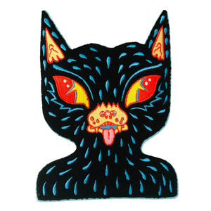 Black cat patch with colorful eyes and tongue on a white background