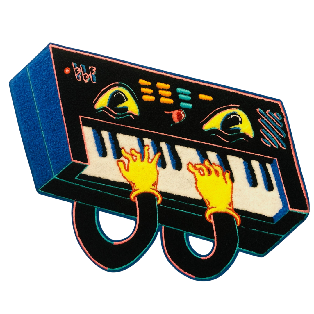 Colorful synthesizer patch with hands on keys on a white background