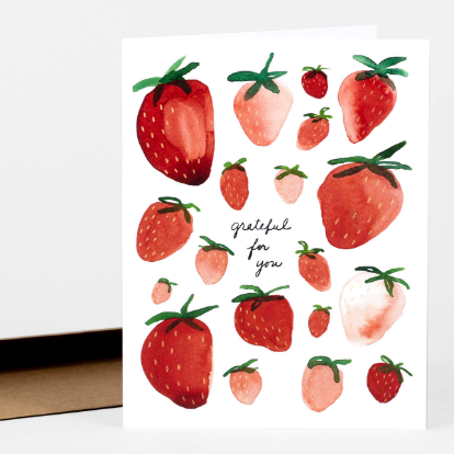 Greeting card with a painterly style that has a bunch of strawberries in shades of red and pink. It says "Grateful for you." 
