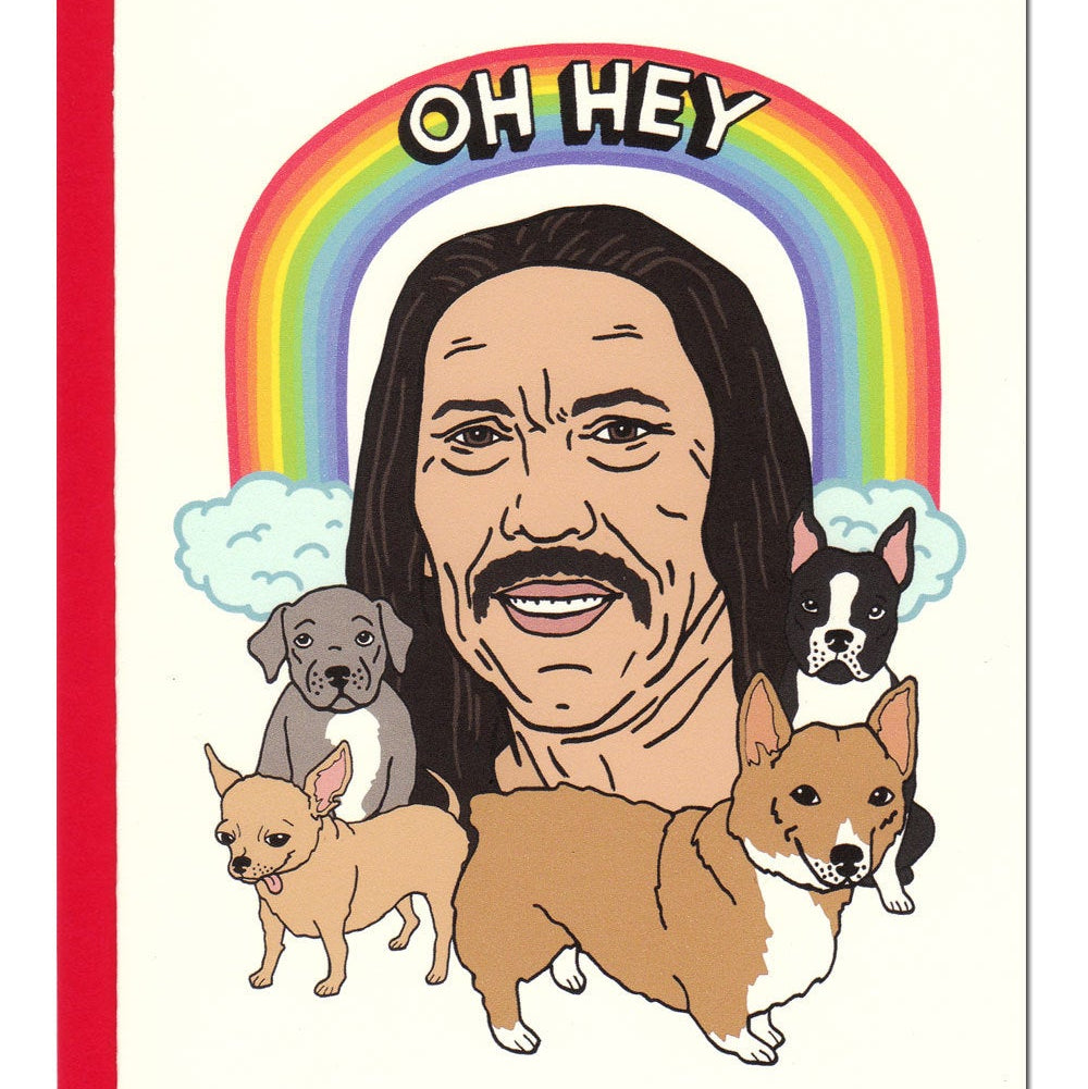 Illustration of a man with four dogs and a rainbow above his head, with 'OH HEY' text.
