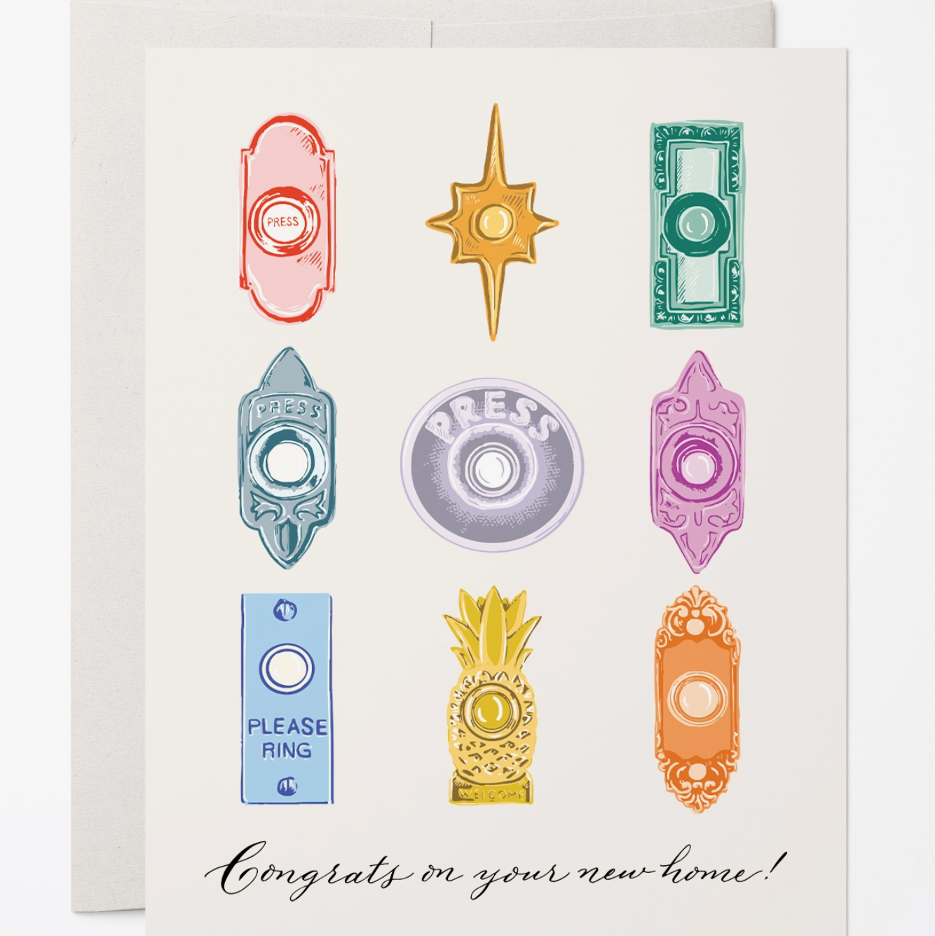 Greeting card with colorful doorbell designs and 'Congrats on your new home!' text.