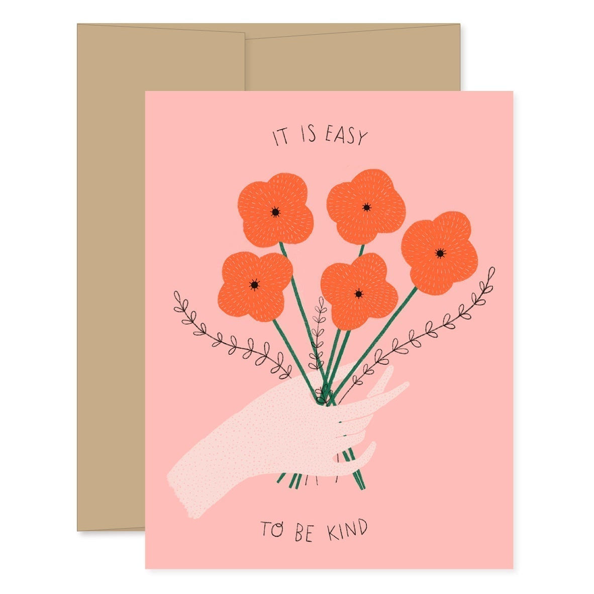 Greeting card with orange flowers in a pale hand, featuring the text 'It is easy to be kind', on a pink background with a beige envelope.