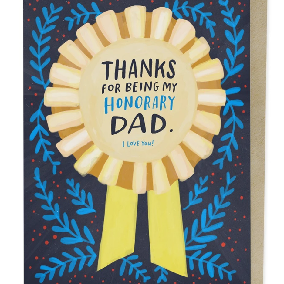 Card with a gold ribbon and text 'Thanks for being my honorary dad. I love you!' on a blue leafy background.