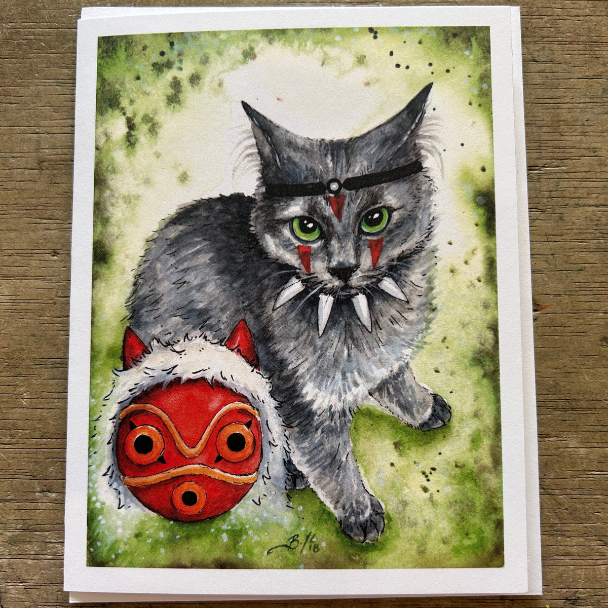 Illustration of a cat with a mask on a wooden surface