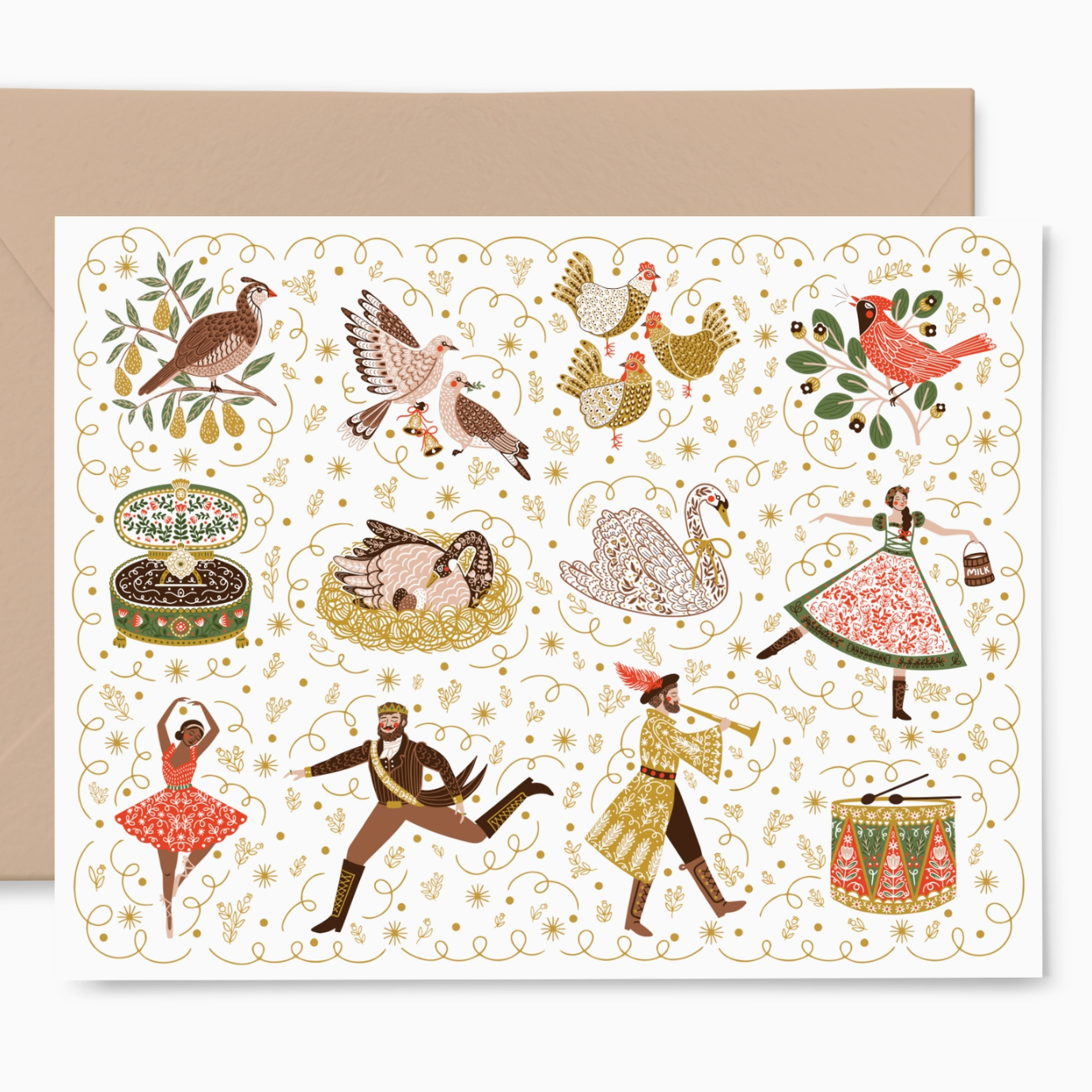 Holiday card with illustrations for each of the 12 days of Christmas. A kraft colored envelope against a white background.