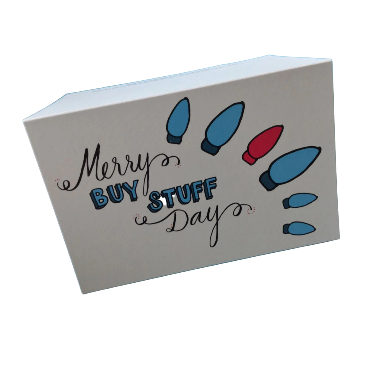 Card with 'Merry Buy Stuff Day' text and Christmas lights on a blue background