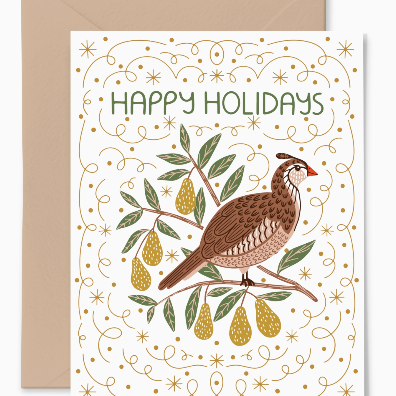 Greeting card with a bird illustration and 'Happy Holidays' text on a white background.