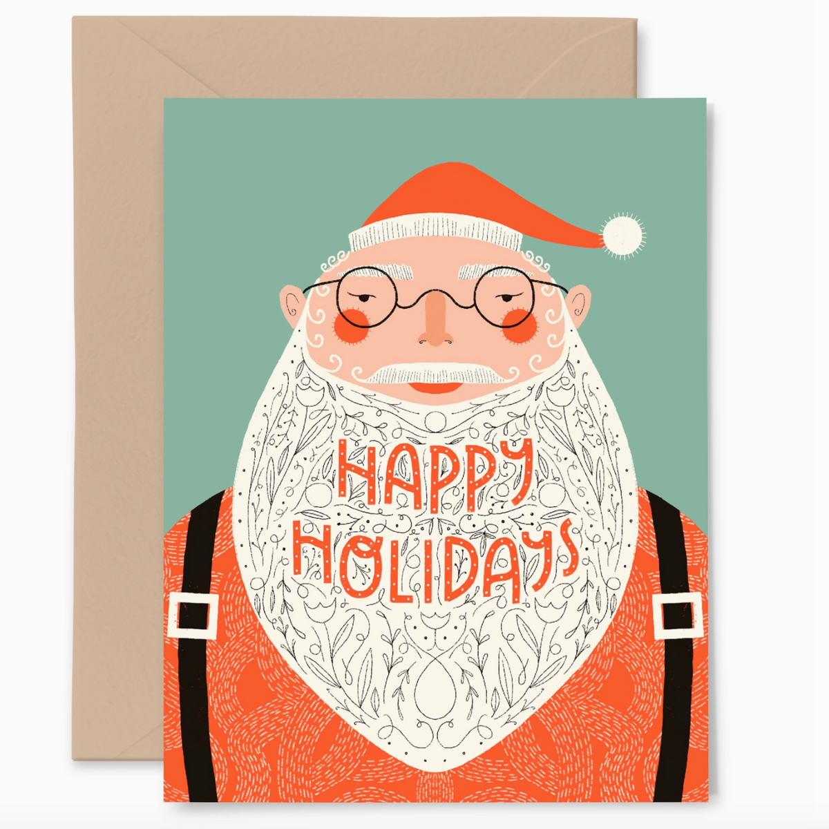Holiday card with santa illustration. The beard is made up of fancy folk art designs. He is wearing small, round glasses and has rosy cheeks. The background color is mint green. 