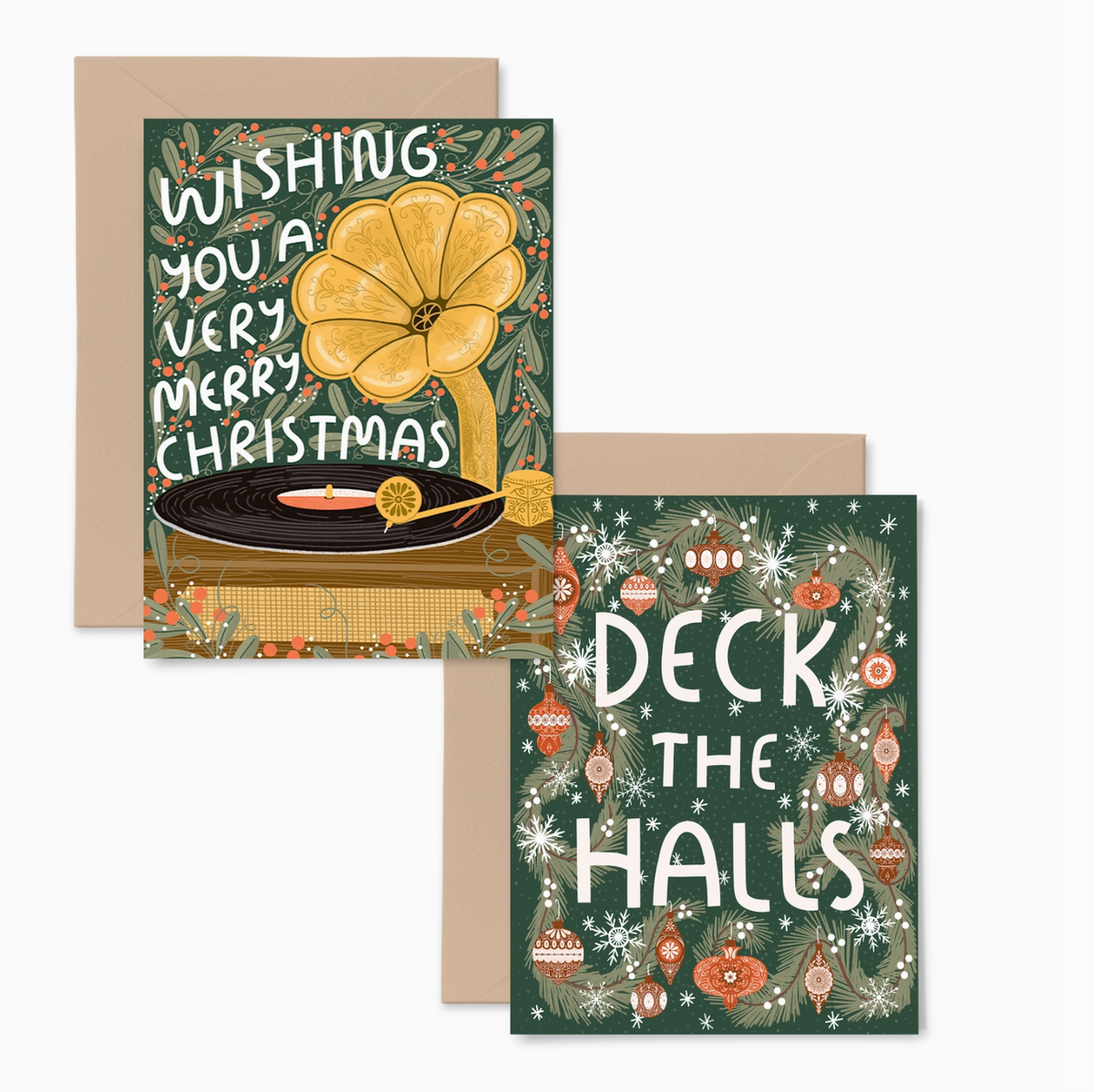 Examples of two holiday greeting cards: Wishing You A Very Merry Christmas and Deck the Halls with forest green, red and gold color schemes. 