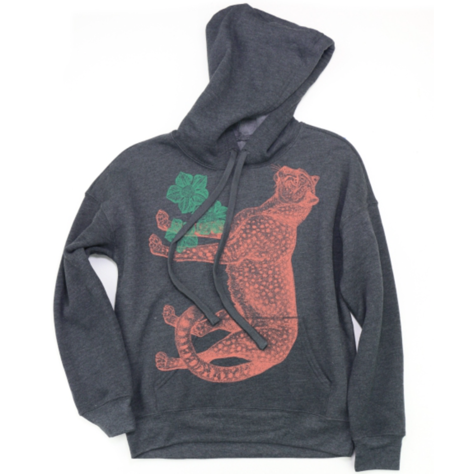 Gray hoodie with an orange cheetah and green leaf designs on a white background. 