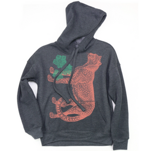 Gray hoodie with an orange cheetah and green leaf designs on a white background. 