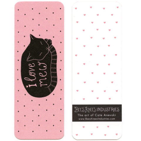 A bookmark that has a sleeping curled up cat and the words "I Love Mew" on one side, and tiny pink hearts on a white background on the other. 