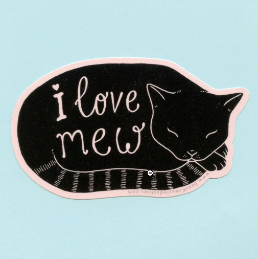 Sticker of a black cat curled up with the words "i love mew" on its back 