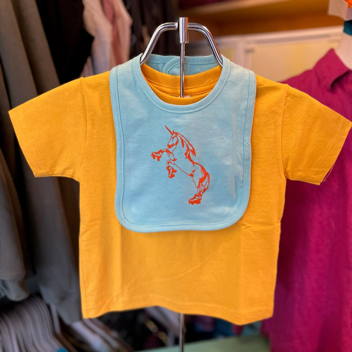 Bib - Rollerskating Unicorn - Chill Blue with Neon Orange Ink