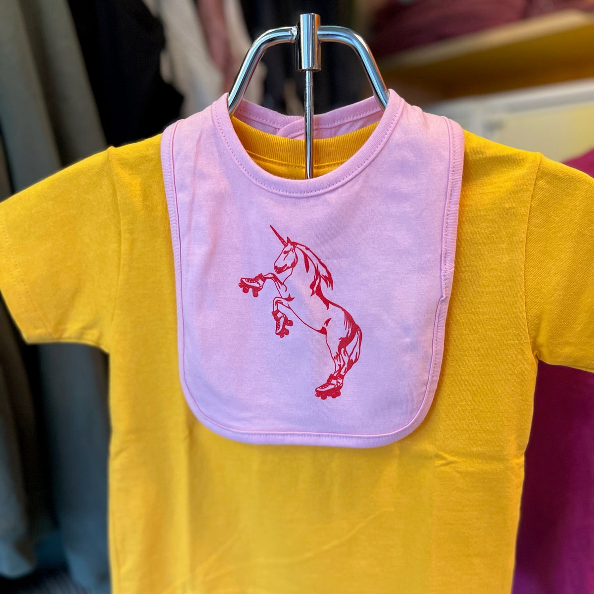 Bib - Rollerskating Unicorn - Pink with Neon Red Ink
