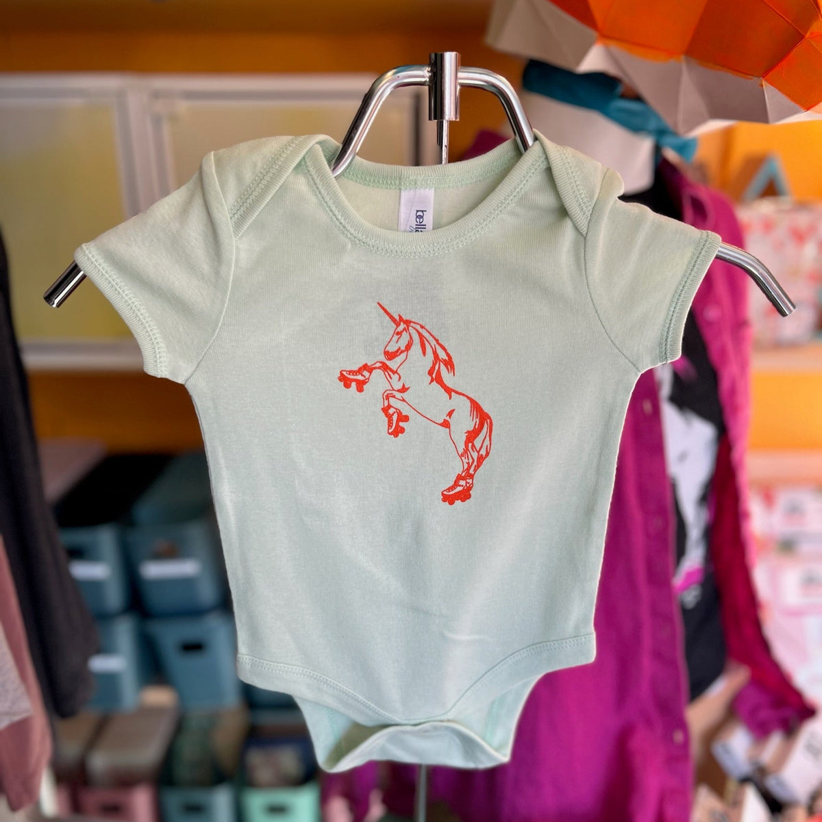Onesie - Rollerskating Unicorn - Mint with Neon Orange Ink