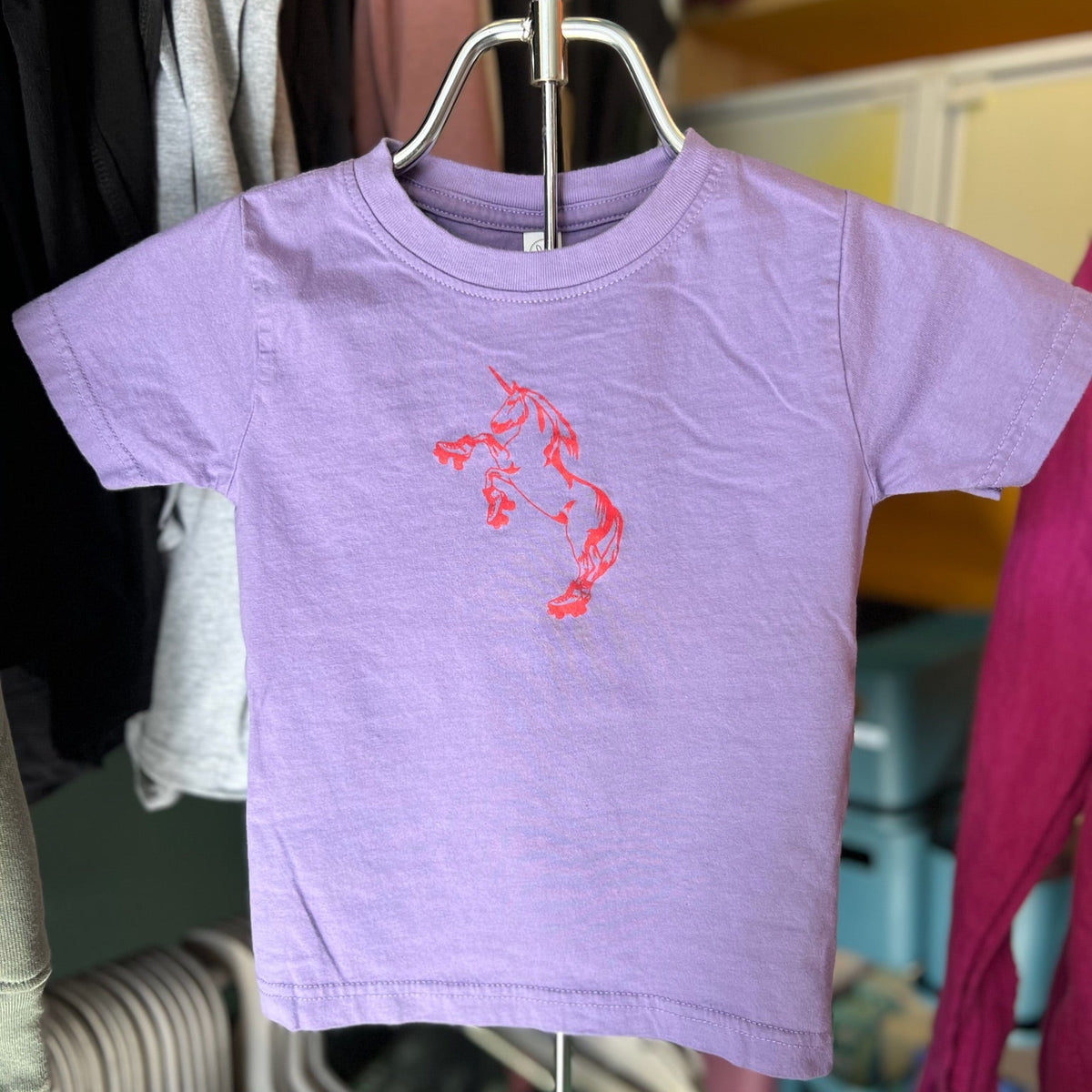 Toddler Shirt - Roller Skating Unicorn - Light Purple with Neon Red Ink