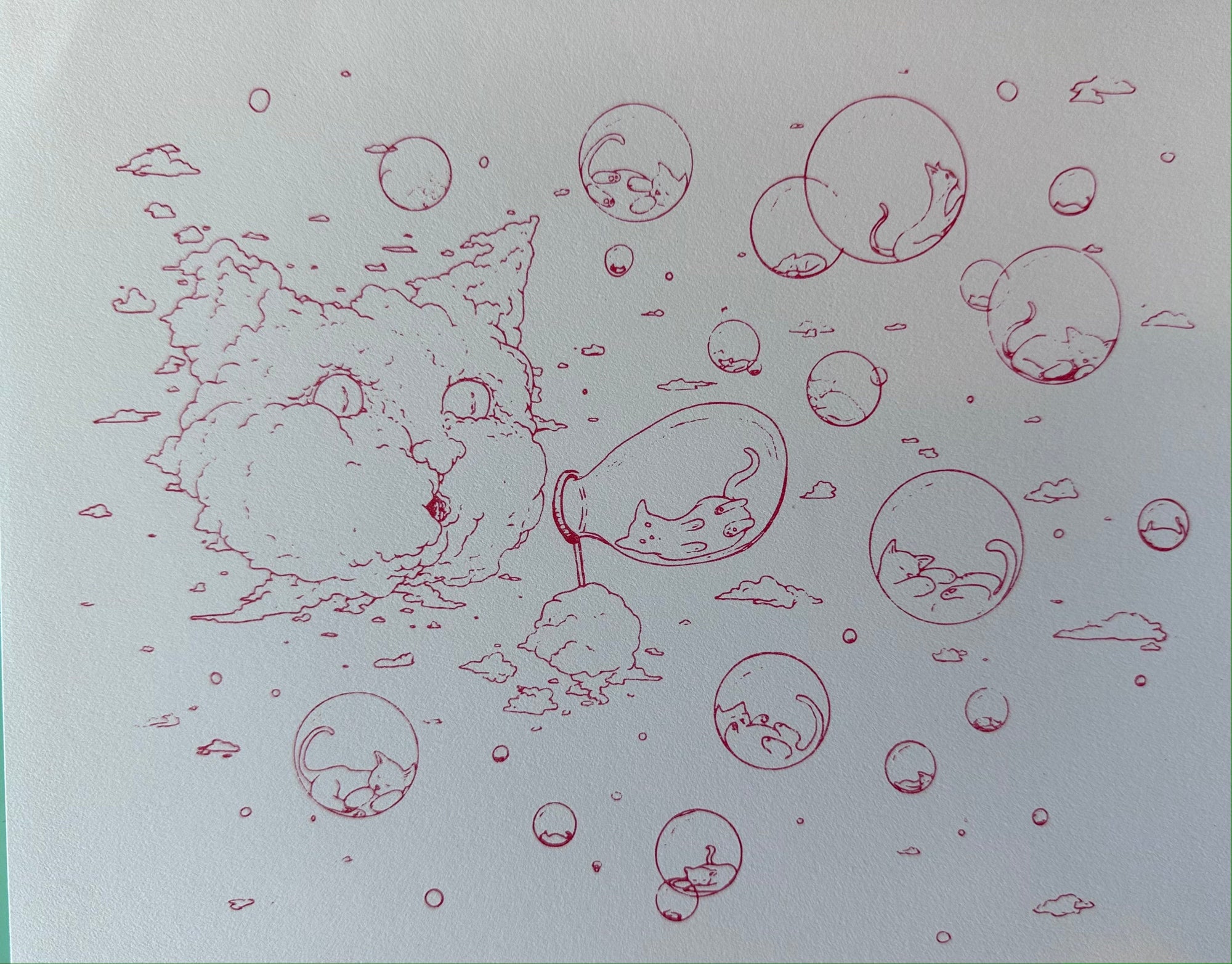 Risograph Print: Bubble Cat - Red