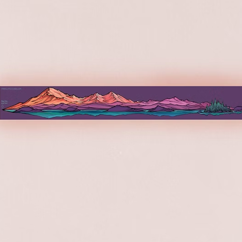 Colorful Mt. Baker and Twin Sisters mountain landscape design on a purple background with a visible brand logo.