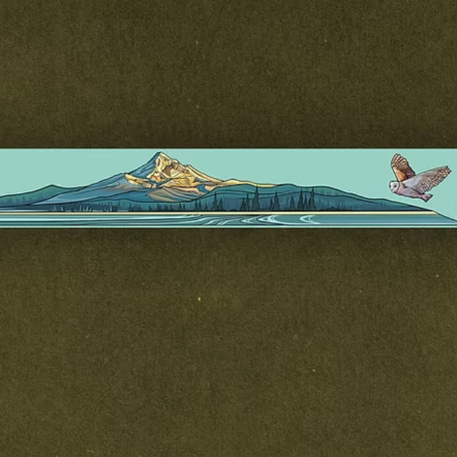 Sticker of Mount Hood and bird on a green background. 