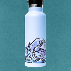 Light blue water bottle with a Mount Rainier infinity sticker on a teal background. 