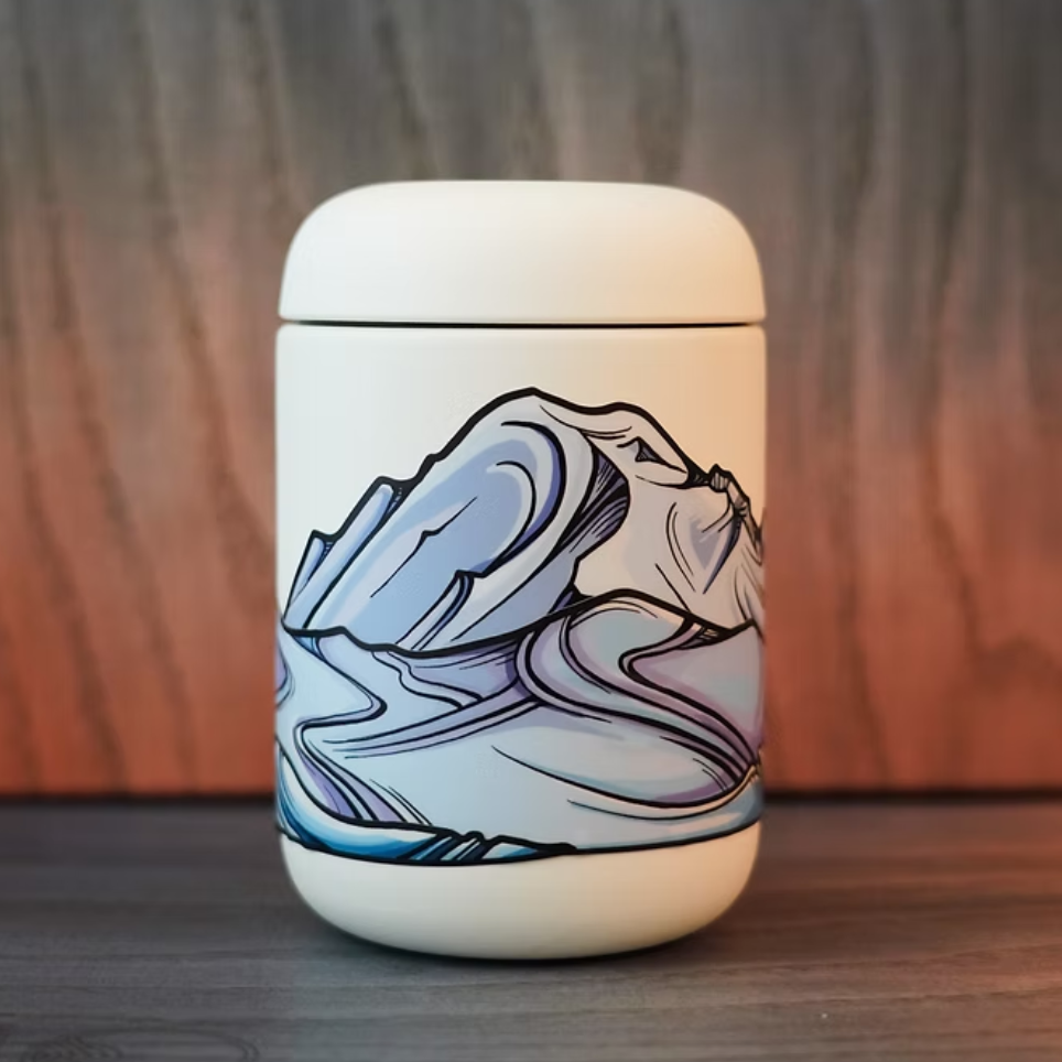 White container with Mount Rainier infinity sticker sitting on a wooden surface.