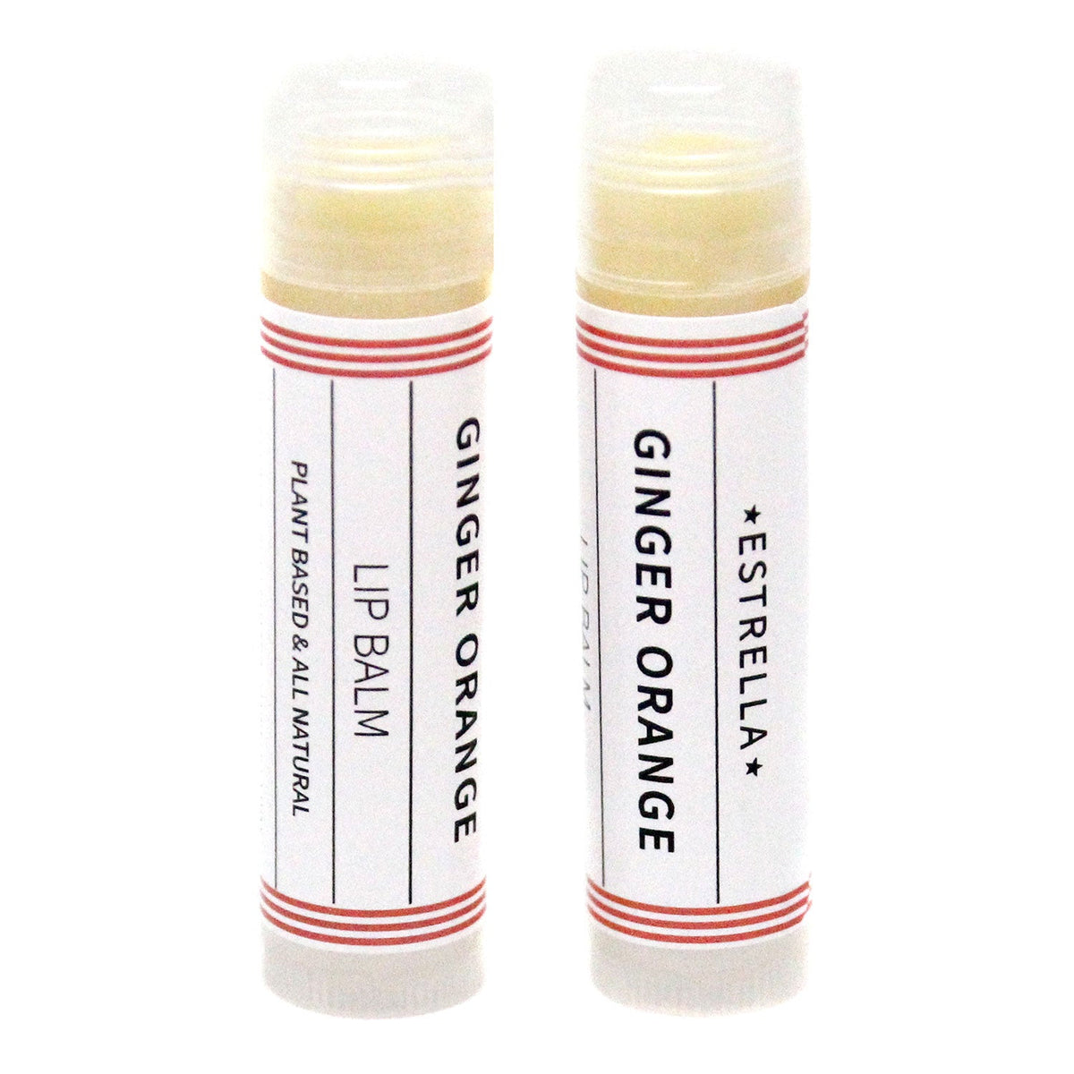 Two Estrella Ginger Orange handmade lipbalms. The label says theya re plant based and all natural.