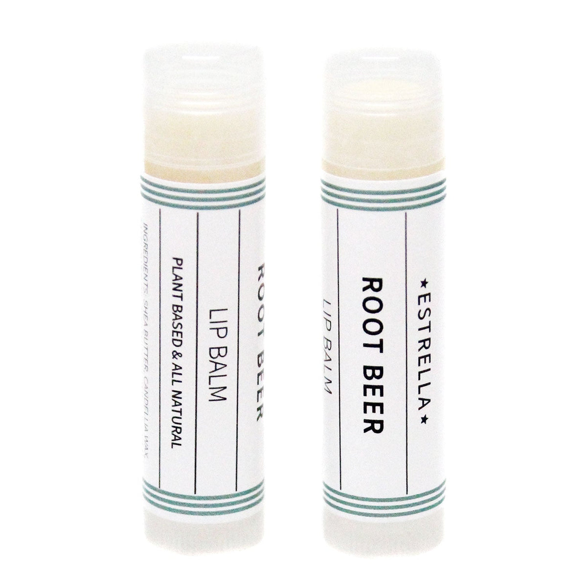 Two sticks of Estrella lip balm in different shades, with 'Root Beer' labeled on the packaging, indicating an all-natural plant based lip balm with vitamin e and a blend of wintergreen, sweet birch & peppermint essential oils.