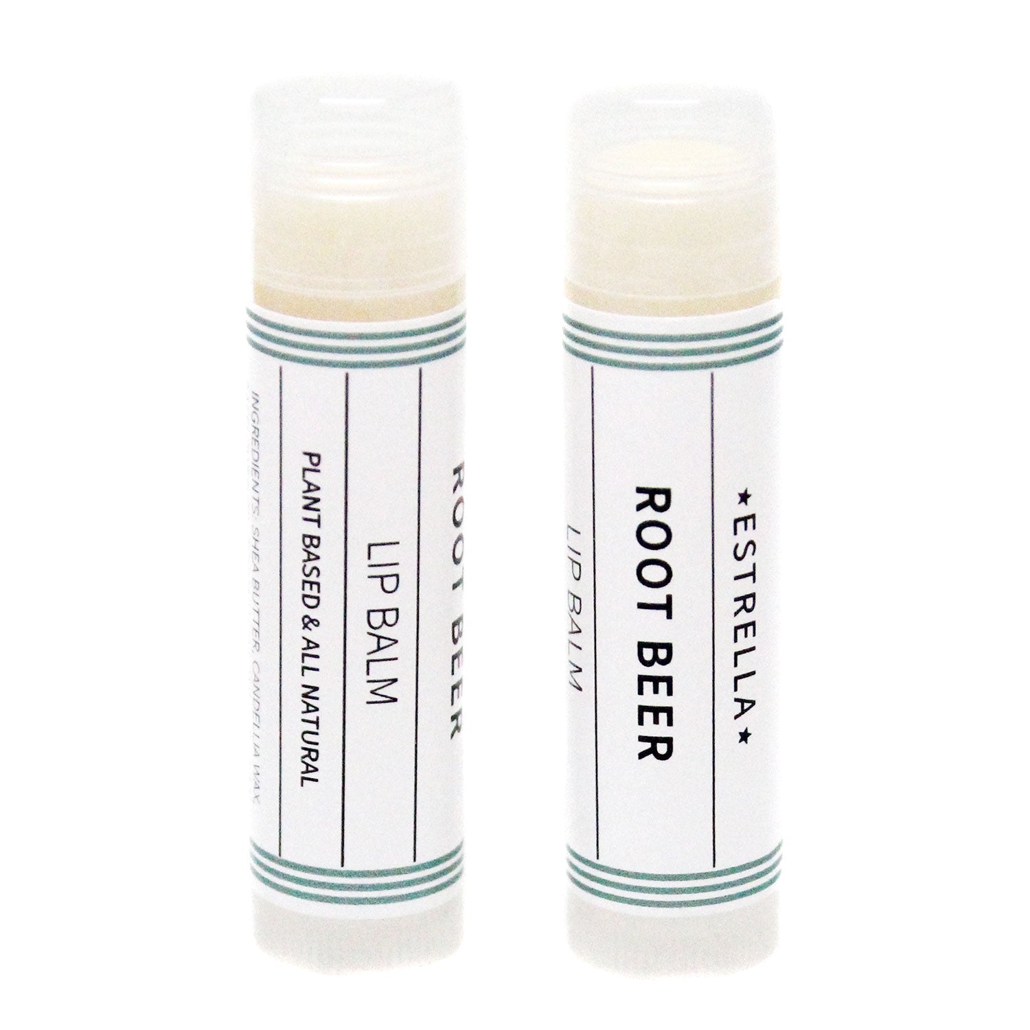 Two sticks of Estrella lip balm in different shades, with 'Root Beer' labeled on the packaging, indicating an all-natural plant based lip balm with vitamin e and a blend of wintergreen, sweet birch & peppermint essential oils.