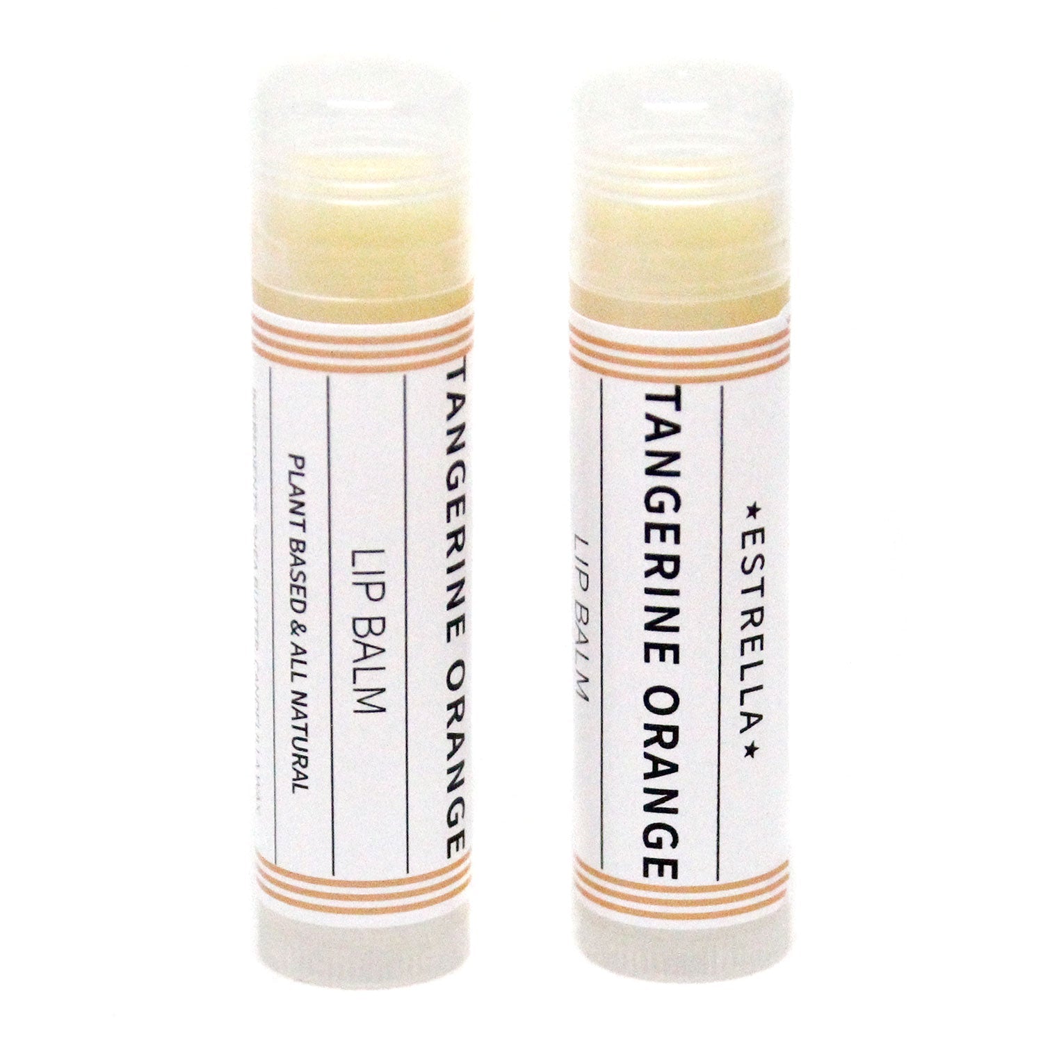 Two sticks of 'Tangerine Orange' lip balm by Estrella, displayed horizontally in clear packaging with orange and white labeling.
