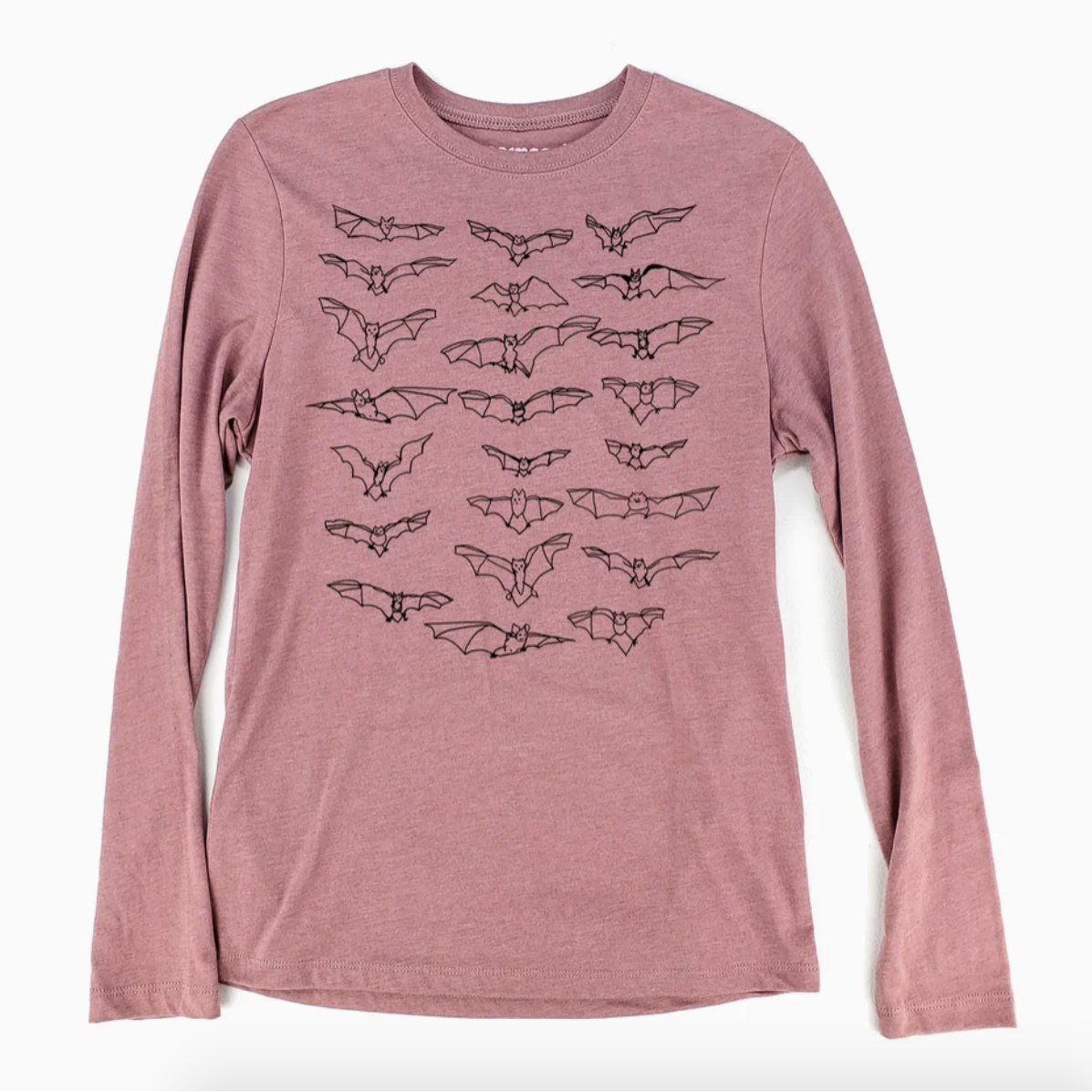 Mauve long-sleeve shirt with bat illustrations on a white background.