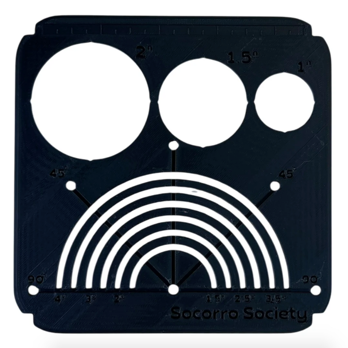 Black template with white circular and arc shapes and measurements, featuring 'Socorro Society' branding.